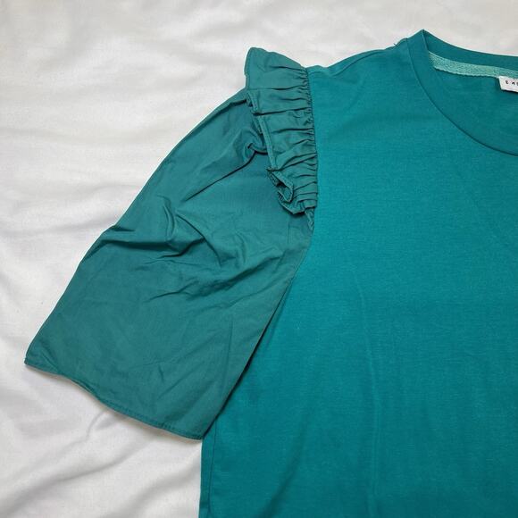 ENGLISH FACTORY Top Size M Teal Green Mini Ruffle Puff Sleeve Crew Neck T-Shirt - Picture 6 of 13